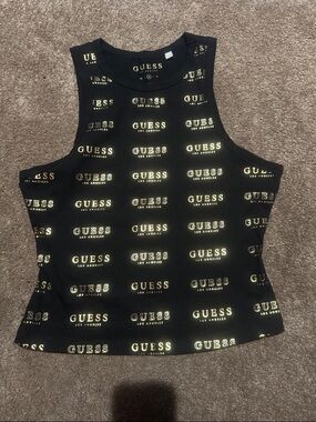 NWTGUESS Black Tank Top with Gold Logo Print